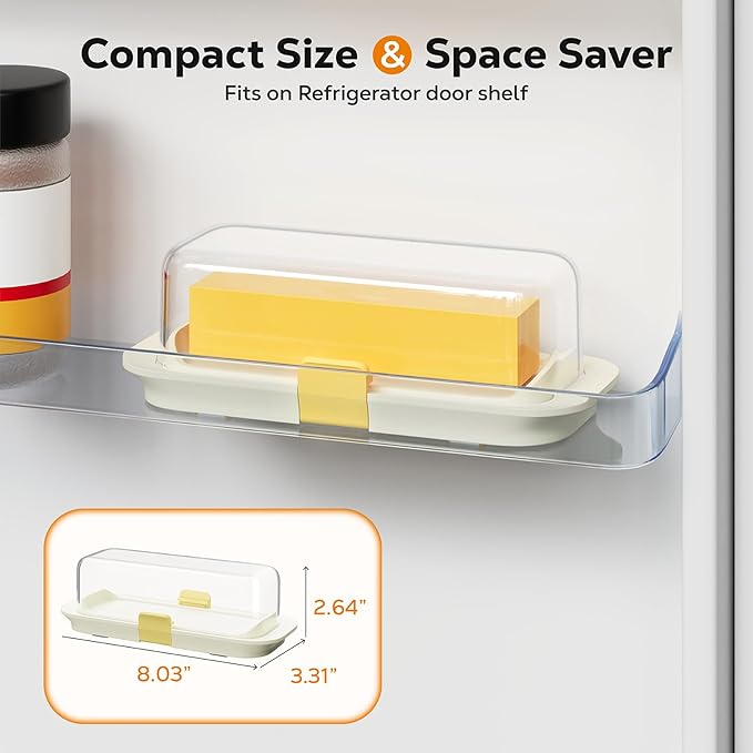 Butter Dish with Lid for Countertop and Refrigerator Door Shelf, Airtight Butter Keeper Container, Locking Butter Holder for East/West Coast Butter, BPA-free, Microwave/Dishwasher Safe
