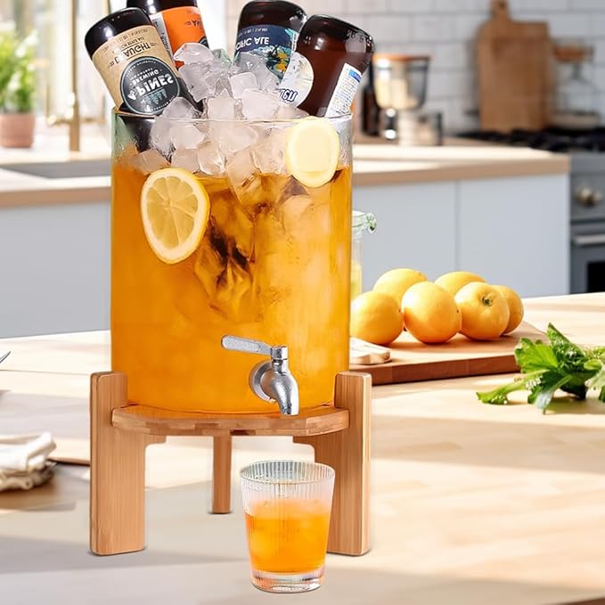 Beverage Dispenser, 2.1 Gallon Glass Drink Dispenser with Stand, Glass water dispenser with Spigot, Large Drink Dispensers for Parties,Bars,Restaurants, 8L