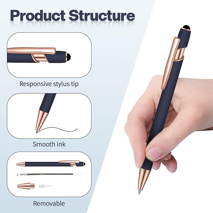 8 Pieces Ballpoint Pen with Stylus Tip Black Ink 2 in 1 Stylus Metal 1.0 mm Medium Point Smooth Pen Rainbow Colorful Rubberized Ballpoint for Touch Screen Tablet(Red, Green, Navy, Black)