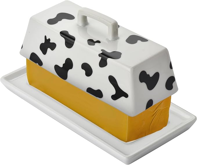 Large Butter Dish with Lid for Countertop,Cow Ceramic Butter Container with Knife Airtight Cover,Butter Keeper for Kitchen Counter or Fridge,Butter Holder Storage,Farmhouse Decor (White)