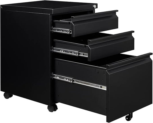 FLEXISPOT 3-Drawer Mobile File Cabinet for Home Office - Under Desk Storage, Locking Keys, Organizer for Legal/Letter/A4 Files, Black