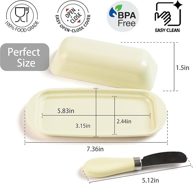 Butter Dish with Lid and Knife, Durable Countertop & Fridge Butter Keeper, BPA-Free Melamine Butter Container, Dishwasher Safe, Fits East/West Coast Butter Sticks (Cream)