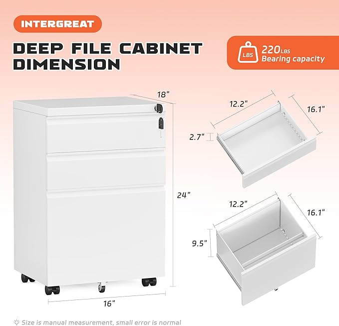 INTERGREAT 3 Drawer Mobile File Cabinet with Lock, Metal Filing Cabinets for Home Office, Rolling Under Desk Organizer for Letters/Legal/A4, (Fully Assembled-White)