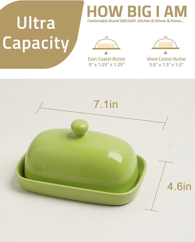 Sweejar Ceramic Butter Dish with Lid for Countertop,Porcelain Butter Keeper with Knob Handle,Butter Container for East/West Coast Butter, 7.1*3.7 inches (Green)