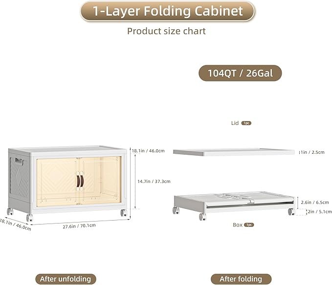 104 QT / 26 Gal Large Foldable Stackable Plastic Storage Cabinet with Double Magnetic Doors, Leather Handles & 4 Wheels - Organize Home, Office, Closet