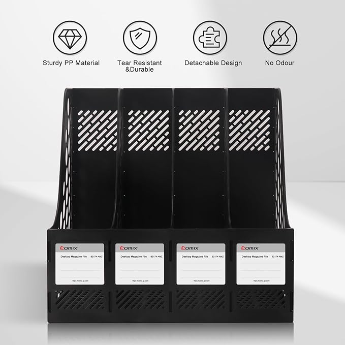 Comix Magazine File Holder Rack/Vertical Desktop File Organizer - Plastic Desk Organizer for Files, Folders, Books - 4 Compartment Binder Organizer - Black