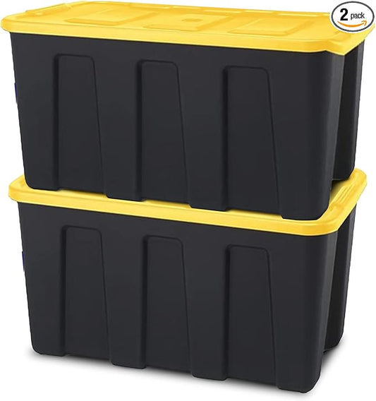 HOMZ 2-Pack Durabilt Tote, Heavy Duty Plastic Storage Bins with Lids, 34 Gallon, Black/Yellow - Stackable Organizing Containers for Home, Garage, and Office