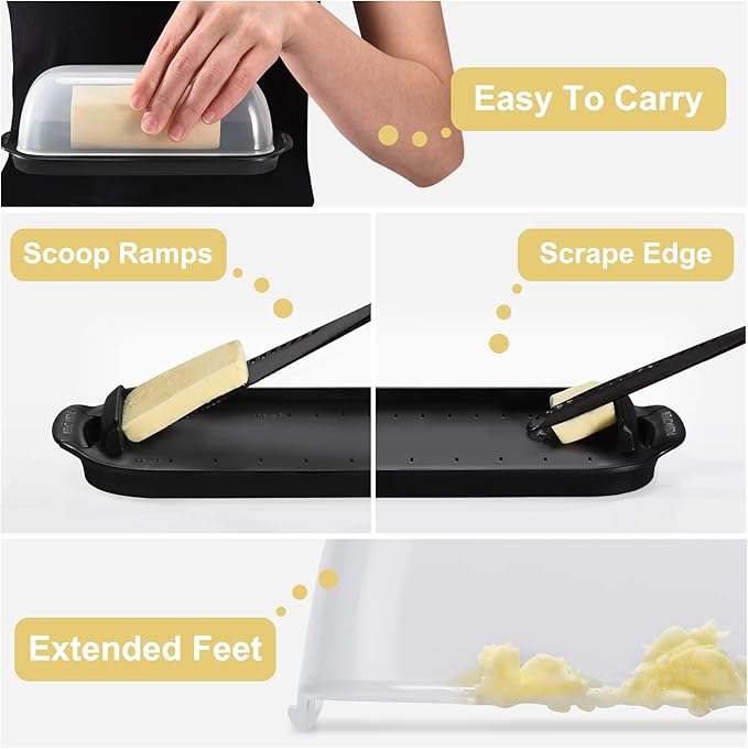 AONCO Butter Dish, Butter Container Holds with Clear Lid for Countertop, Unbreakable Butter Keeper for Home Kitchen Decor, Perfect for East/West Coast Butter, BPA-free (Black)