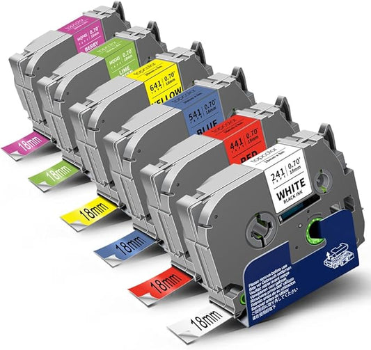 6-Pack 18mm 0.7" Laminated Tape Compatible for Brother P-Touch Label Tape 18mm 0.7 Inch Laminated Colored Tze Tz 3/4" Label for PTD400 PTD610BT PTD410 PTD600, White/Red/Yellow/Blue/Green/Pink