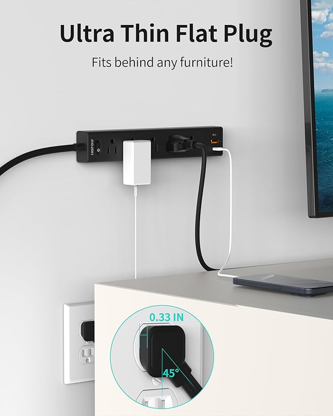 Power Strip Surge Protector, 2 Pack, 10 Ft Ultra Thin Flat Extension Cord, Surge Protector with 5 Outlets & 3 USB Ports (2 USB C), 1700 Joules, 3-Prong, Wall Mount for Home Office Dorm, Black