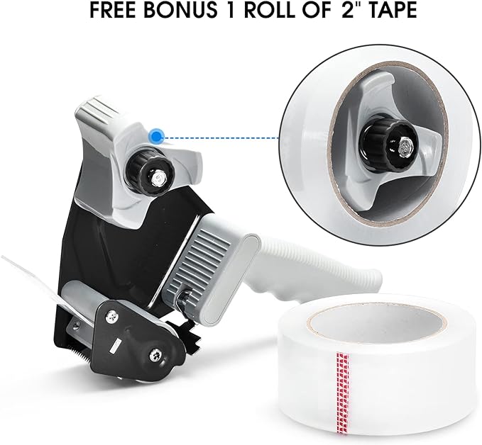 Packing Tape Dispenser Gun, Pacific Mailer 2 Inch Tape Gun Dispenser with 2 Inch Carton Packing Tape, Lightweight Industrial Side Loading Tape Dispenser - Black