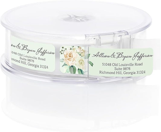 Green Watercolor Floral Rolled Address Labels / 500 Personalized Return Address Labels/Designer Address Stickers in Elegant Plastic Dispenser