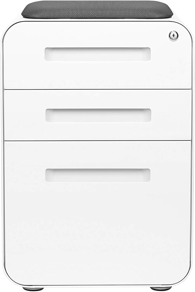 Laura Davidson Furniture STOCKPILE Curve Seated 3-Drawer Mobile File Cabinet with Removable Magnetic Cushion Seat - Metal Filing Cabinet, Pre-Assembled, White with Dark Grey Cushion