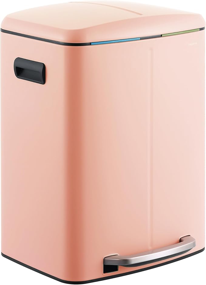 happimess HPM1005G Marco Rectangular 10.6-Gallon Double Bucket Trash Can with Soft-Close Lid, Flamingo Pink, Fingerprint Resistant, Modern, Minimalistic for Home, Kitchen, Office, Bedroom, Bathroom