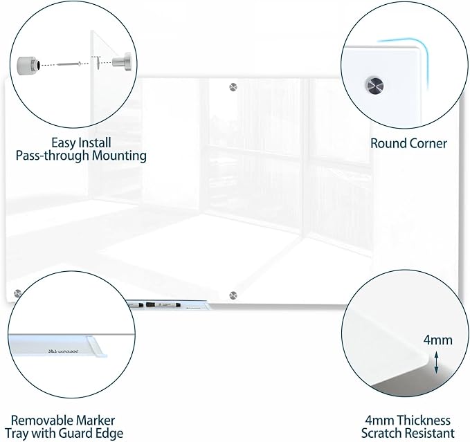 J&J worldwide Glass Whiteboard, Magnetic Brilliance White Glass Dry Erase Board 6' x 4', Includes Markers, Marker Tray, Eraser for Wall, Office, Home, School