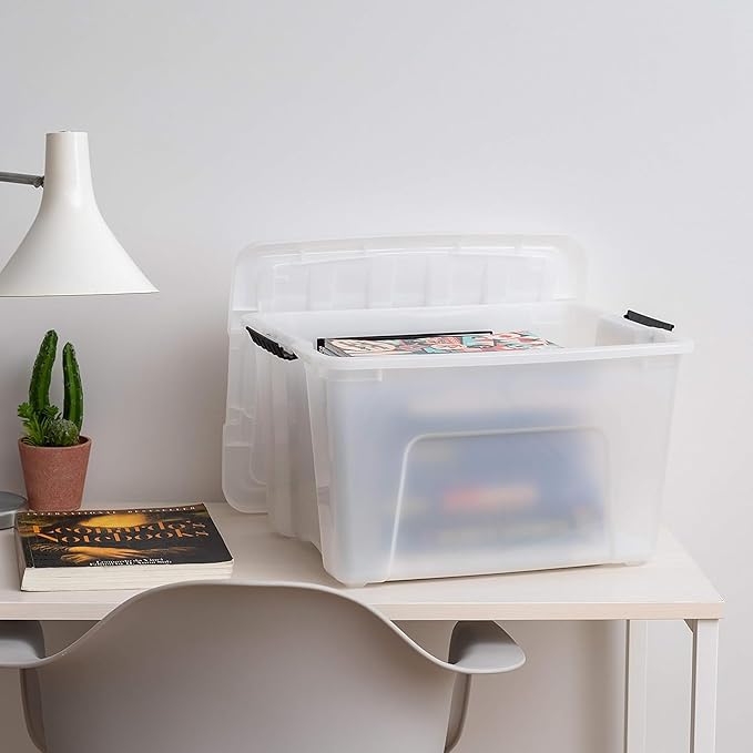 IRIS USA 40 Qt Stackable Plastic Storage Bins with Lids, 4 Pack - BPA-Free, Made in USA - Discreet Organizing Solution, Latches, Durable Nestable Containers, Secure Pull Handle - Pearl