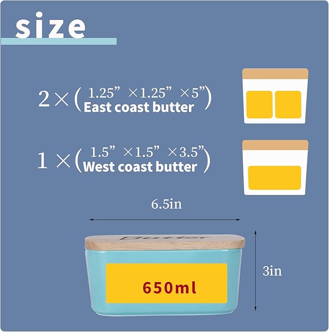 Ceramics Butter Dish with Wooden Lid- Large Covered Butter Holder for Countertop, Butter Keeper Container Perfect for Holds 2X 4oz West/East Coast Butter, Turquoise