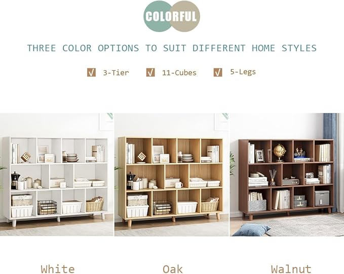 IOTXY Open Cube Low Bookcase - 3-Tier Freestanding Storage Display Cabinet Organizer with Legs for Home Office, 11-Cubes Open Shelf Short Bookshelf, Oak