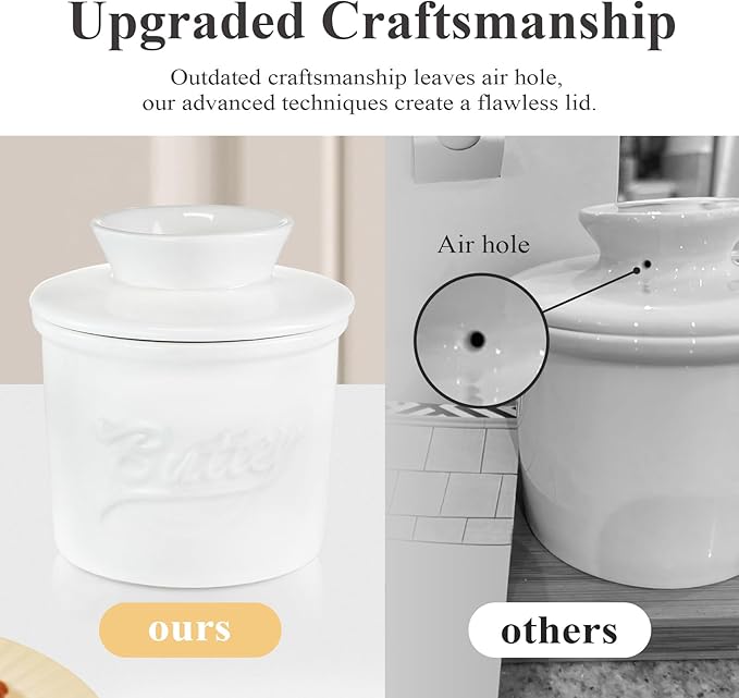 Ceramic Butter Crock with Lid & Spreader Knife, Butter Keeper - Ideal Butter Storage & Countertop Butter Dish, White