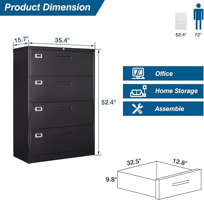 4 Drawer File Cabinet, Lateral Filing Cabinets for Home Office, Office Storage Drawers with Lock, Hanging Files Legal/Letter A4 Size (Assemble Required,Black)