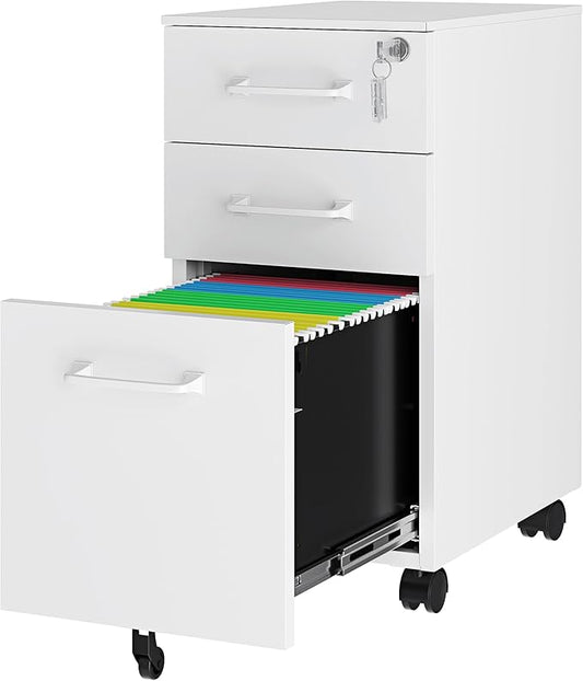 3 Drawer Slim File Cabinet, Mobile File Cabinet with Lock for Home Office, Rolling Narrow File Cabinet, Under Desk Locking Filing Cabinet on Wheels for Legal/Letter/A4 File(Unassembled,White)