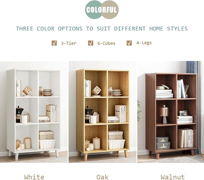 IOTXY Open Cube Low Bookcase - 3-Tier Freestanding Storage Display Cabinet Organizer with Legs for Home Office, 6-Cubes Open Shelf Short Bookshelf, Oak