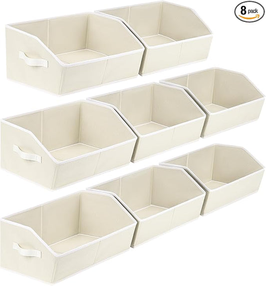 Closet Organizers and Storage Bins - Large Fabric Storage Bins, Decorative Storage Baskets for Organizing, Trapezoid Foldable Basket for Clothes, Books, Home, 8 Pack, Beige