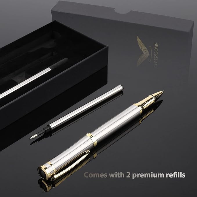 cheericome Luxury Ballpoint Pen - Professional Pen, Executive Pen, Journal Pen, Perfect for Silky Smooth Writing, with Gift Box, Nice Pen for Men and Women, 2 Extra 0.5mm Black Refills - Silver