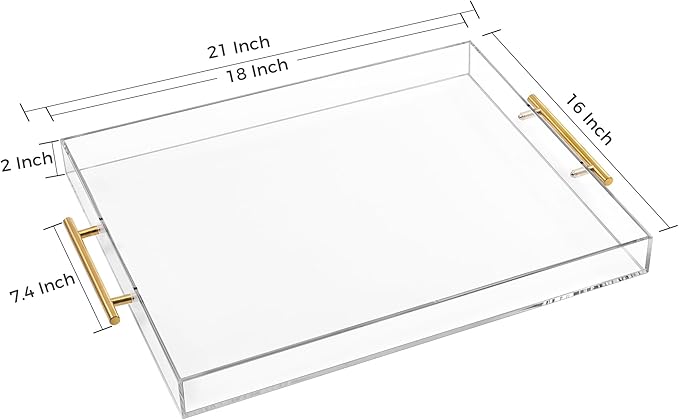 Large Clear Acrylic Serving Tray (16×18 Inches) with Gold Handles Spill Proof Acrylic Decorative Tray Organiser for Ottoman Coffee Table Countertop