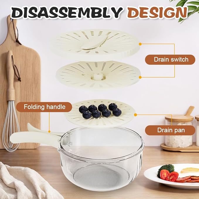 Multi-Functional Fruit and Vegetable Washing Bowl, Fruit Strainer Container with Lid, 2 In 1 Sealed Drainer Basket, Drainer and Freshness Basket, Kitchen Tool with Foldable Handle (Brown+White)