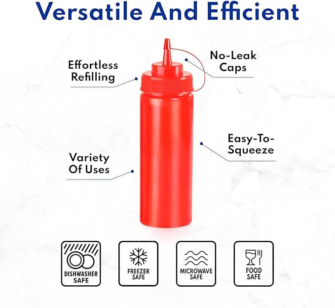 New Star Foodservice 533746 Squeeze Bottles, Plastic, Wide Mouth, 32 oz, Red, Pack of 6