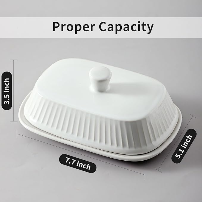 Hasense Porcelain Butter Keeper, Butter Dish with Lid, Large Butter Containe with Cover, Butter Holder for West East Coast Butter, Kitchen Decor, Housewarming Gift, White