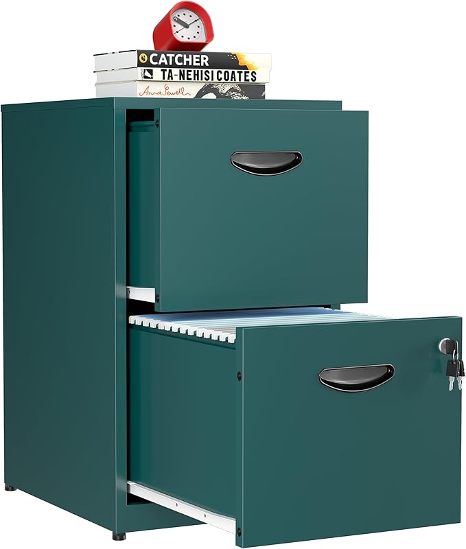 2 Drawer File Cabinet, Metal Two Drawer Vertical File Cabinets with Lock, 18" D Storage Filing Cabinet for Home Office, Steel Light Duty Storage for Letter-Size Files, Green, Assembly Required