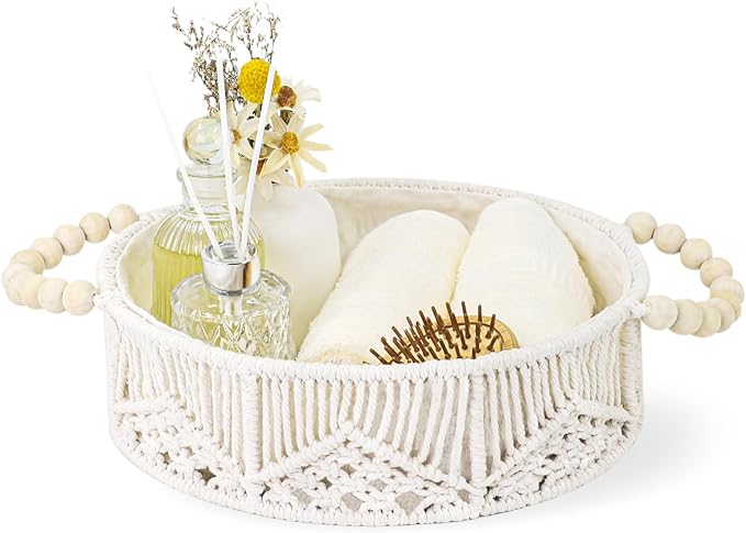 Handwoven Storage Basket Organizer with Wooden Beads Handles, Boho Decor Round Macrame Shelf Basket for Bedroom Living Room Entryway Decorative Counter Home Decor, White