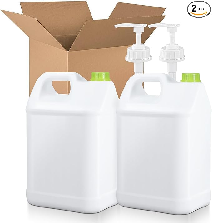 Plastic F-Style Jug Reusable Food-Safe, Heavy-Duty HDPE Containers for Water, Sauces, Soaps, Detergents, Honey Liquids with Screw-On Cap and Pump Cap (White, 2.64 Gallon 2-Pack)