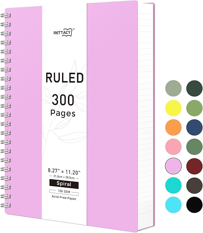RETTACY Spiral College Ruled Notebook, 300 Pages, A4 Large Size (8.2" x 11.2"), for School, Work, Writing, Journaling, 100 GSM Thick Paper, Flexible Plastic Cover (Lilac)