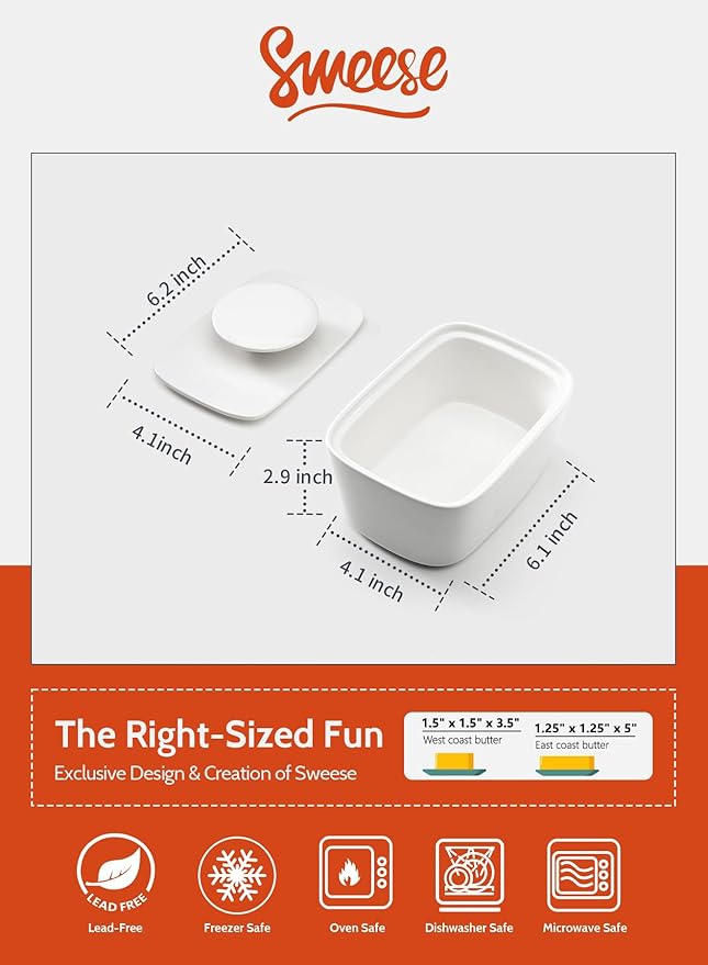 Sweese Extra Large Butter Dish with Lid, 6.2" Porcelain Butter Keeper Container - Perfect for East/West Coast Butter and Kerrygold Butter, Butter Crock with Lid, Gift - White