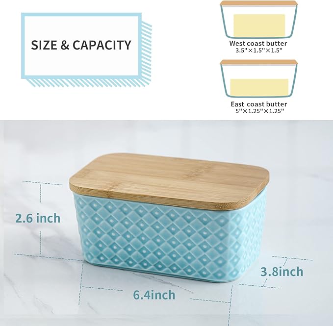 Hasense Farmhouse Butter Dish with Lid for Countertop, Butter Keeper & Holder, Butter Container for Fridge with Wooden Freshness Seal, Enhance Kitchen Decor, Holds Two Sticks of Butter, Turquoise