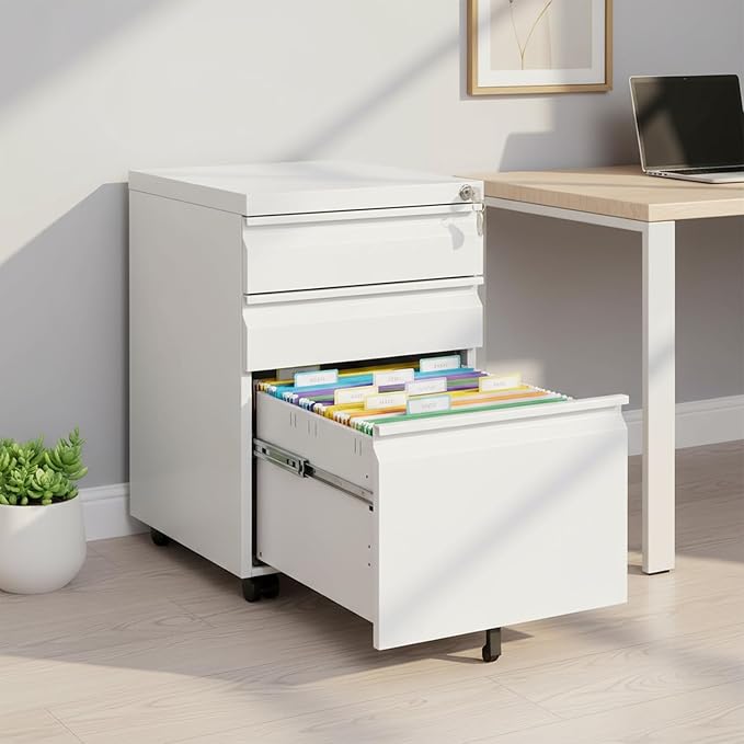3-Drawer Metal Mobile File Cabinet with Lock, White Rolling Filing Cabinet for Letter/Legal/A4 Folders, Under-Desk Storage Organizer with Pencil Tray, 17.71" x 15.35" x 23.62" for Home & Office