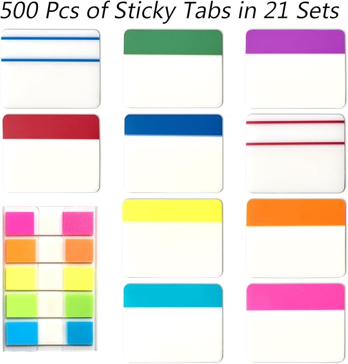 Sticky Index Tabs Book Page - 500Pcs 2 Inch Writable Colored Pages Markers, Repositionable File Tab Flags Labels Self Adhesive Reading Divider Sticker for Books, Binders, Notebook and Folders (21 Set)
