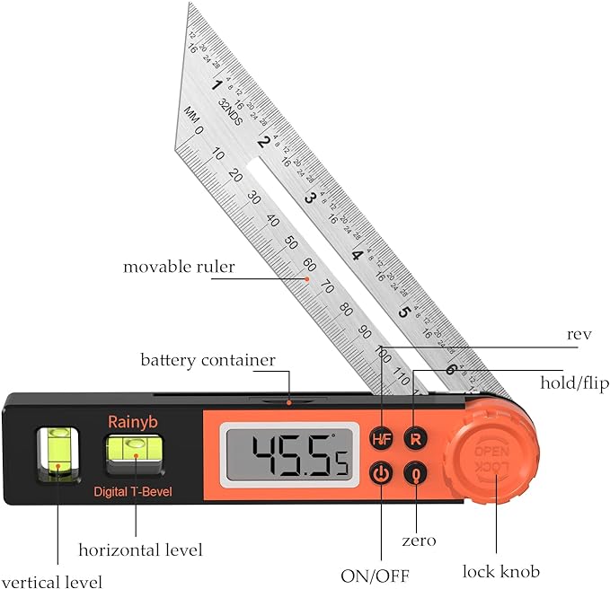 Digital Angle Finder Protractor 0-360 Degree T-Bevel Gauge & Protractor with Horizontal Vertical Bubble & Full LCD Display for Woodworking, Metalworking, Construction