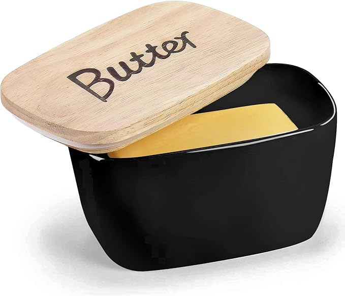 GDCZ Ceramics Butter Dish with Wooden Lid- Large Covered Butter Holder for Countertop, Butter Keeper Container Perfect for Holds 2X 4oz West/East Coast Butter (Black, 6.5 x 4.2x 3.9)