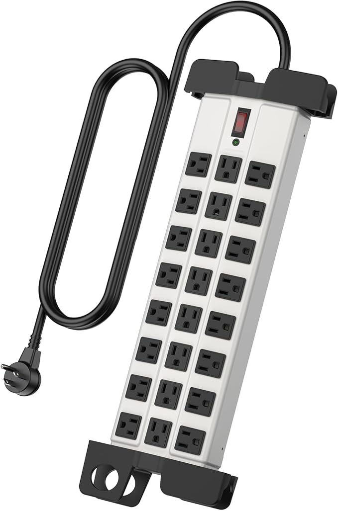HHSOET Heavy Duty Power Strip with Surge Protection, Industrial Commercial Metal 24 Outlets Wall Mount for Garage Shop, 15 Amp, Switch, 6FT Extension Cord, Grey.