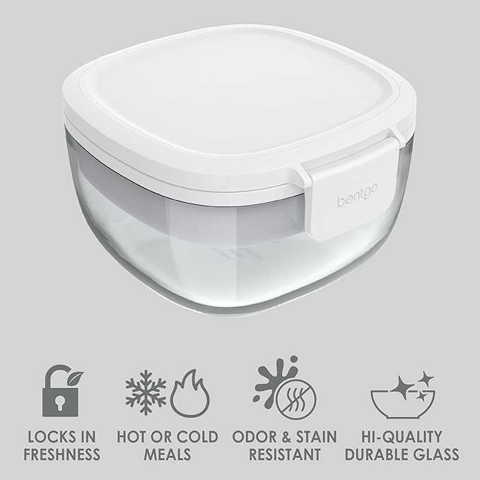 Bentgo Glass All-in-One Salad Container - Large 61-oz Salad Bowl with Lid, 4-Compartment Bento-Style Tray, 3-oz Sauce Container, and Reusable Fork - Dishwasher, Microwave, and Oven Safe (White)