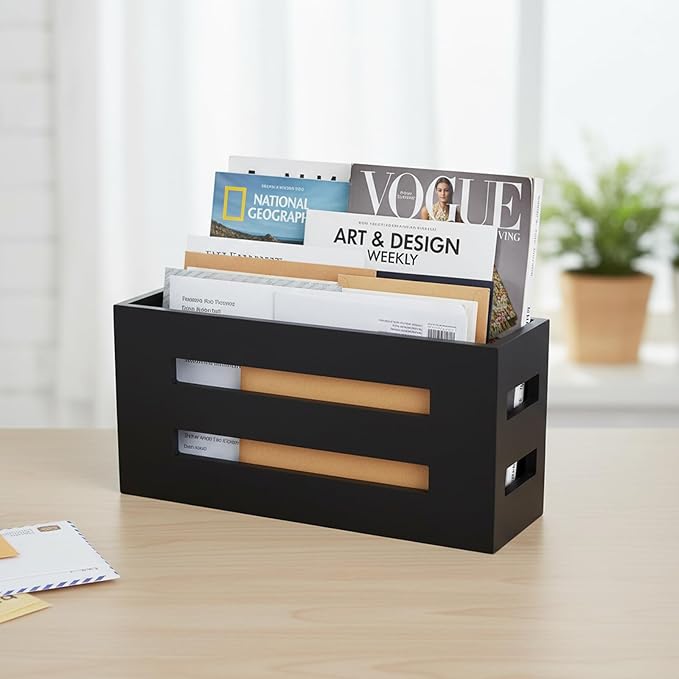 Magazine File Holder, Standing Wooden Magazine Rack, Desk Folder Organizer for Office & Bathroom-Black