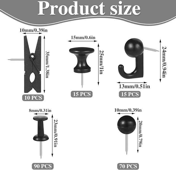 200 Pieces Push Pins Thumb Tacks Black Push Pins for Cork Board, 5 Style for Bulletin Boards Wall Maps Pictures Office Home Supplies