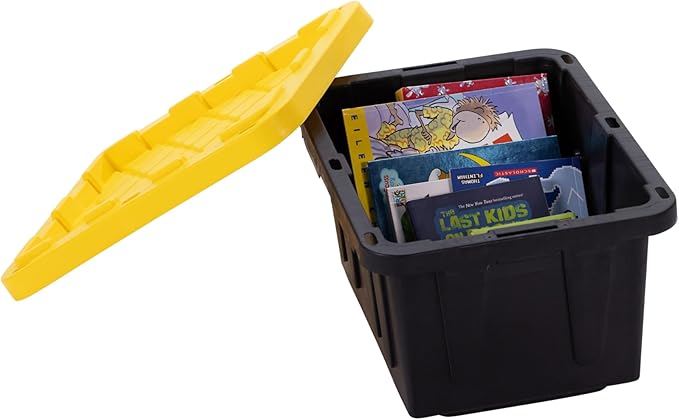 Plastic 5-Gallon Storage Tote with Lockable Lid, Stackable Tough Regular-Duty Bin for Garage, Tools, and Home Organization (2-Pack) - Black and Yellow