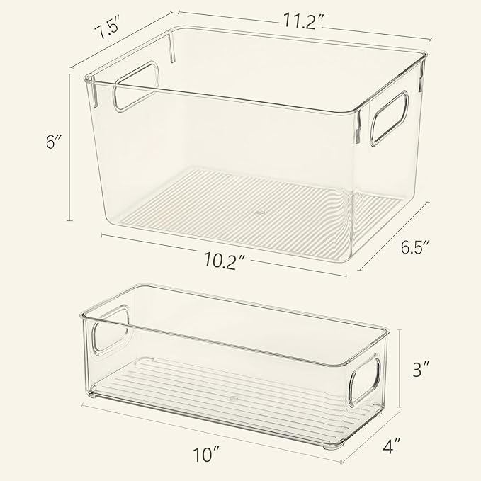Clear Storage Bins 8 Pack for Fridge,4 Large Plastic Pantry Organizer Bins and 4 Small Stackable Storage Containers for Home Edit, Kitchen, Freezer, Bathroom, Under Bed, Vanity Drawers