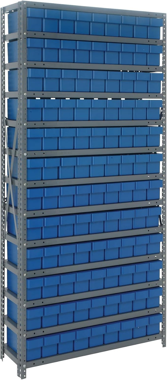 Quantum Storage Systems 1275-501BL Solid Heavy Duty 13 Shelves 108 Super Tuff Euro Blue Bins 75" H x 36" W x 12" D