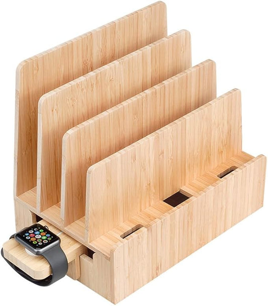 MobileVision Slim Bamboo Charging Station & Compatible Adapter for Apple Watch Multi Device Organizer, Smartphones, Tablets, Laptops & More